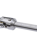 Close-up of stainless steel free to cut length driveshaft with universal joint for 1/10 RC crawler upgrades, 5mm output.