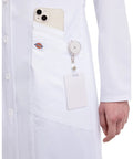 Close-up of Contemporary Fit Women's 37 Inch Twill Fitted Lab Coat with phone and badge in pocket, button front detail visible