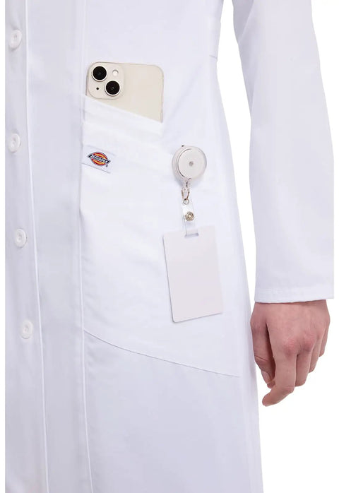 Close-up of Contemporary Fit Women's 37 Inch Twill Fitted Lab Coat with phone and badge in pocket, button front detail visible