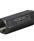 Hydraulic check valve, side view, 3/8 in NPT, black metal body, single-direction oil pump valve