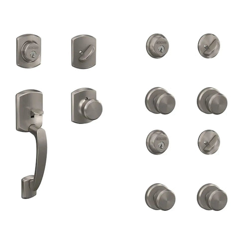 Satin Nickel Keyed Entry Door Set Kit With Two Deadbolt Sets And Keys One Entrance Handle One Keyed Entrance Deadbolt All Keyed Alike