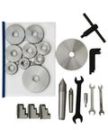 Top Tier 750W Heavy Duty Bench Metal Lathe Featuring MT4 Spindle Taper And Dual Speed Settings From 115 To 1620 Rpm tool kit with gears and wrenches.