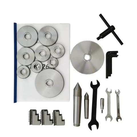 Top Tier 750W Heavy Duty Bench Metal Lathe Featuring MT4 Spindle Taper And Dual Speed Settings From 115 To 1620 Rpm tool kit with gears and wrenches.