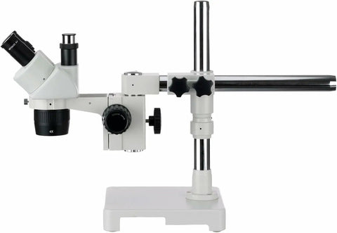 Trinocular Stereo Microscope For Home Lab And Classroom Use With WH10x Eyepieces, 20x 40x 80x Magnification, 2x 4x Objectives, Single Arm Boom Stand, Includes 2.0x Barlow Lens, side view