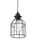 Close-up of black metal cage shade from Six Light Wood Pendant Light for Kitchen Island With Industrial Black Metal Cage Shades