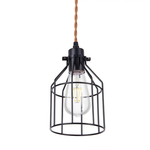 Close-up of black metal cage shade from Six Light Wood Pendant Light for Kitchen Island With Industrial Black Metal Cage Shades