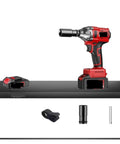 Gangsuqd Brushless Cordless Impact Wrench With High Torque Electric Power Tool displayed with battery and attachments on black surface.