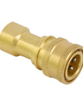 Brass 1/4in NPTF hydraulic nipple with knurled coupling, side view showing female end