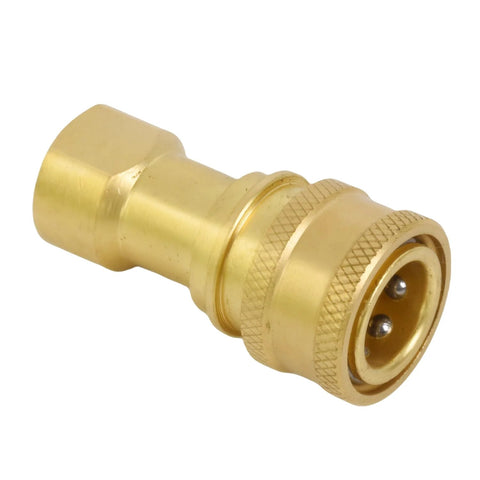 Brass 1/4in NPTF hydraulic nipple with knurled coupling, side view showing female end