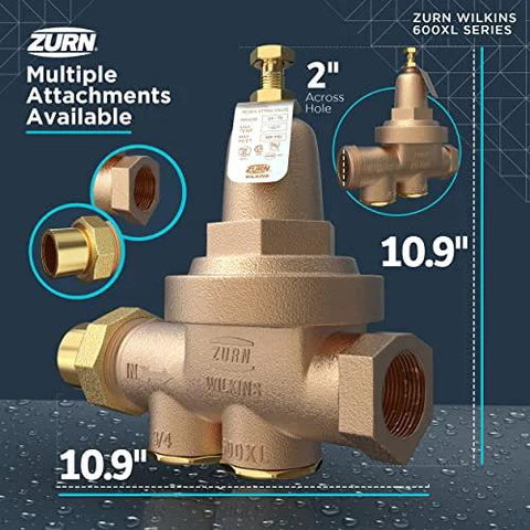 Front view of Zurn Wilkins 2-600XL pressure reducing valve, brass, 2-inch size with multiple attachments