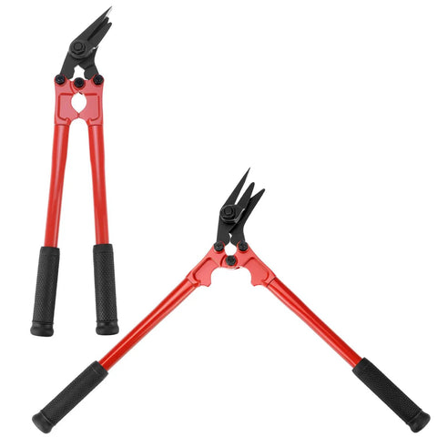 Heavy Duty Strapping Cutter For Steel And Polyester Crafted From High Carbon Steel To Glide Right Through Wide Straps With Zero Hassle, red handles.