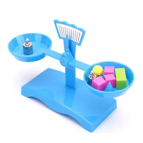 Blue balance scale with Pro Grade Calibration Weights Set 1 Kg 8 Piece Chrome Plated Steel for Digital Scales on left pan.
