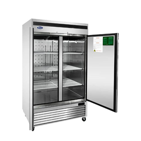 Chef Approved Commercial Reach In Refrigerator Featuring Bottom Mount Compressor And Slick Stainless Steel Finish Built Hella Tough For Hot Kitchens And Zero Sweat Service with open doors showcasing interior shelves.