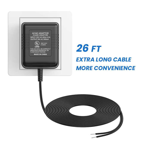UL Certified Video Doorbell Power Supply Adapter With a 26 Foot Cable, Delivers 18V 500mA to Keep Your Doorbell Charged Nonstop