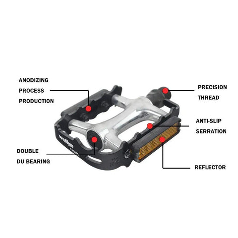 Flat MTB Bike Pedals Aluminum Replacement Set Non Slip Grippy For Mountain Bikes And BMX 9 16 Inch Size Lightweight Durable Pair With Anti Slip Pins For Extra Traction showing anodizing, double DU bearing, precision thread.
