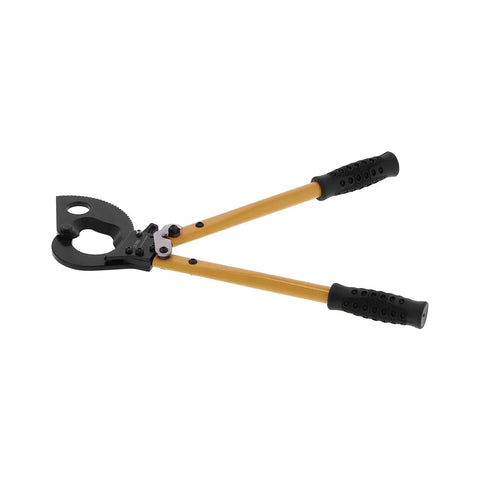 LK 760L Heavy Duty Manual Wire Cutter With Ergonomic PC Handle, Cuts Up To 500mm Aluminum Stranded Cables And 45 Pound Steel Blade For Tough Jobs Around The House, angled view showing yellow handles and black cutter head.