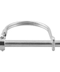 Close-up of one tubular folding hitch pin from Five Pack Locking Pins Set with spring lock, galvanized for trailers and farm gear.
