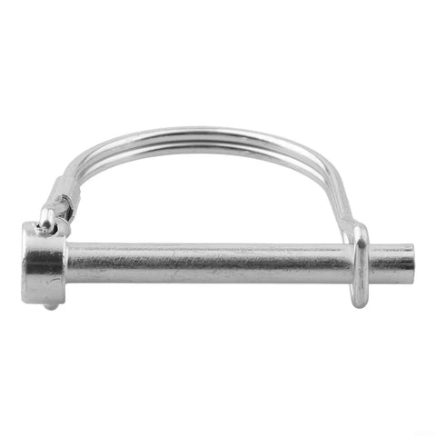 Close-up of one tubular folding hitch pin from Five Pack Locking Pins Set with spring lock, galvanized for trailers and farm gear.