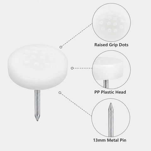 Nail-In Glides For Chairs And Tables 20 Pack With PP Plastic And Metal Pin showing detailed grip dots and metal pin