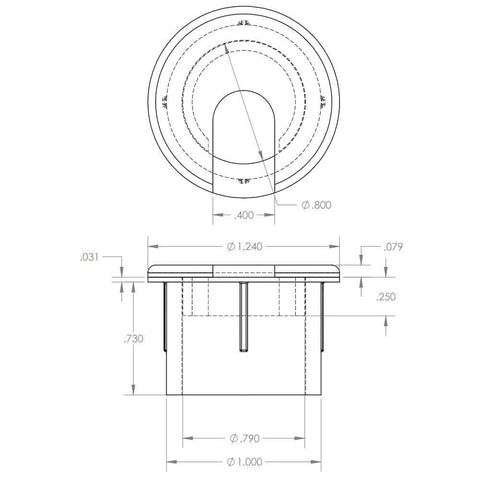 Technical drawing of Round Wire Grommet 1 Inch Cut Hole White With Removable Lid For Cable Management Inner Diameter 0.8 Inches