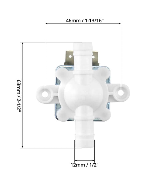 Diagram of 12V Electric Solenoid Valve Normally Closed Half Inch Barb Connection showing dimensions and durable build
