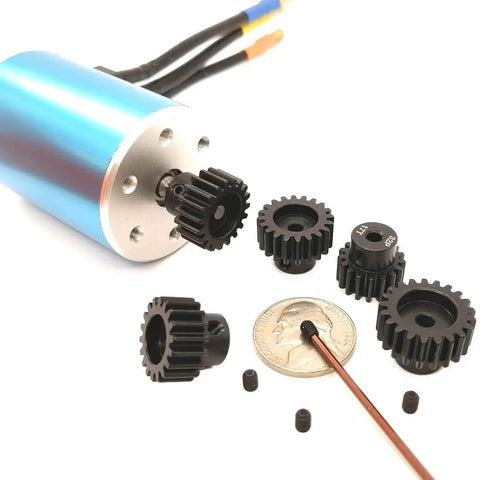32P Hardened Pinion Gear Set For 1/8 Inch Hole With Hex Key Includes 17T 18T 19T 20T 21T 0.8M Pitch RC car drivetrain upgrade displayed