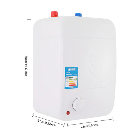 Compact Electric Hot Water Heater Featuring Instant Mini Storage Boiler 1500W with blue and red connectors, 36cm height.