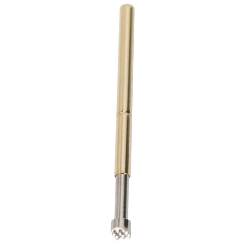 Close-up of Brass Spring Test Probes 2.0mm 100 Pack With High Precision 0.02mm, single brass probe with metal tip.