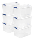 Blue 66 Quart Clear Storage Bin with Latching Lid for Easy Grip Heavy Loads Stackable Plastic Container Organize Clothing Boots and Seasonal Gear - Stacked plastic bins.
