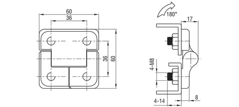 Technical drawing of 60x60 Heavy Duty Zinc Alloy Torque Hinge Hydraulic With Constant Friction, side and top views with measurements