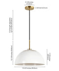16 Inch Wide Pendant Light With Metal Shade In White And Brushed Brass, shown with adjustable black cord and dimensions.