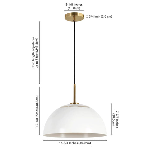 16 Inch Wide Pendant Light With Metal Shade In White And Brushed Brass, shown with adjustable black cord and dimensions.