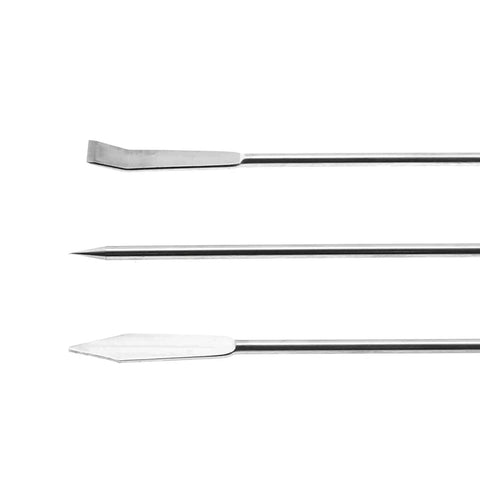 Stainless Steel Micro Lab Sampling Scoop Set Of 4 Long Handle Spatulas And Reagent Spoons For Chemistry And Science Lab Use, three stainless steel ends