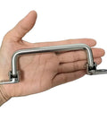 Hand holding 304 Stainless Steel Folding Pull Handle 90 Degree Door and Cabinet Pull Handle, 7 inch length, 6.22 inch hole distance.