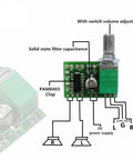 Compact USB Powered PAM8403 2 Channel Digital Power Amplifier Board 5V DC With 2 x 3W Output And Volume Potentiometer, labeled components.