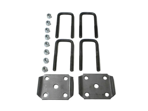 Heavy Duty Trailer Axle U-Bolt Kit With 2-1/8 x 5-3/8 Inch Square U Bolts, Plates, 1/2 Inch Hardware, And 2x2 Tube For Boat, Utility, And Camper Trailers, Stabilizes Tow And Reduces Wobble For Safer Hauling, U-bolts and plates laid out