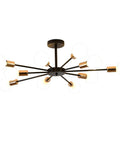 10 Light Sputnik Ceiling Light Fixture In Black And Gold Dope Semi Flush Mount Modern Close To Ceiling For Bedroom Kitchen Living Room Entryway Hallway And Laundry Room, shown in black and gold metal with 10 arms against white background.