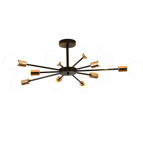 10 Light Sputnik Ceiling Light Fixture In Black And Gold Dope Semi Flush Mount Modern Close To Ceiling For Bedroom Kitchen Living Room Entryway Hallway And Laundry Room, shown in black and gold metal with 10 arms against white background.