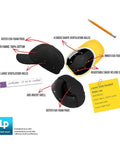 Black Baseball Safety Bump Cap With ABS Shell, Breathable 100 Percent Cotton, Dual Layer Padded Foam, components labeled.