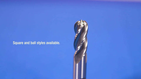 Drill America DWCF318-LCC HSS 4-flute center-cutting end mill, 1/2 x 1/2, close-up of tip