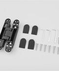 Concealed Door Hinges Set Of 4 Invisible Secret Hinges With Hidden Three Dimensional Cross Adjustable Mechanism For Beefy Heavy Duty 120 To 180 Kg Doors Delivers Ultra Silent Operation And Seamless Door Hardware Installation, hardware shown with screws and Allen keys