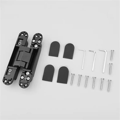 Concealed Door Hinges Set Of 4 Invisible Secret Hinges With Hidden Three Dimensional Cross Adjustable Mechanism For Beefy Heavy Duty 120 To 180 Kg Doors Delivers Ultra Silent Operation And Seamless Door Hardware Installation, hardware shown with screws and Allen keys