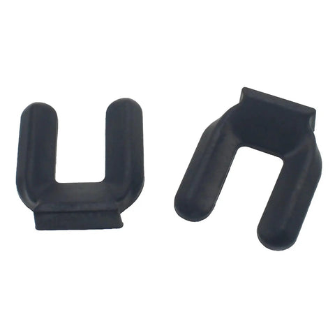 Front view of two black rubber caster pads, Four Pack Rubber Wheel Stops For Furniture, Anti Slip Caster Pads For Bed Frames And Rolling Furniture, Snap On, No Lift Design