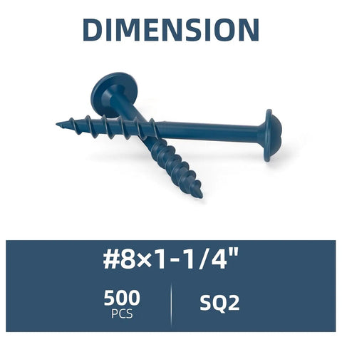 Pocket Hole Screws Size Eight By One And A Quarter Inch Five Hundred Pack Blue Exterior Wood Screws with dimension and SQ2 info