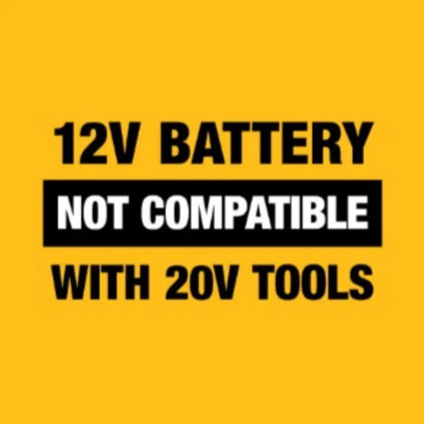 Warning label stating 12V battery not compatible with 20V tools for 12V Starter Kit With DCB135C Battery And Charger Multicolor Finish Durable Portable Power Tool Bundle For DIY Projects Quick Start Pack For Home And Small Shop Use