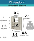 Diagram of Keyed Alike Padlock Set dimensions, showing stainless steel shackle and zinc body, 2.3 inches total height.