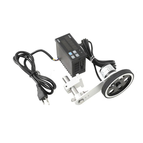 High Performance Digital Length Meter And Mechanical Length Counter For Cloth And Textiles With Quick Cooling Vents and gray control unit with cable.
