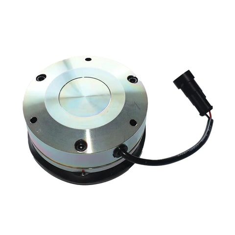 Forklift electromagnetic brake unit, angled top view; round silver metal housing with black base and wiring.