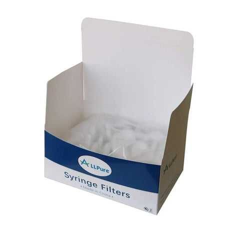 Open pack of Hydrophobic PTFE Syringe Filters, 25mm Diameter, 0.45 Micron Pore, Pro Grade Lab Filtration for Aqueous and Organic Samples