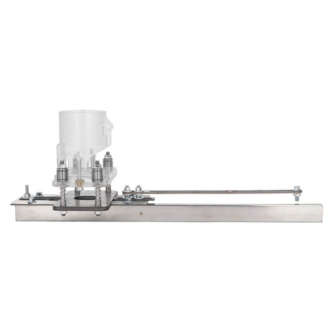 Wood router tool with adjustable base and long guide rod for slotting grooves.